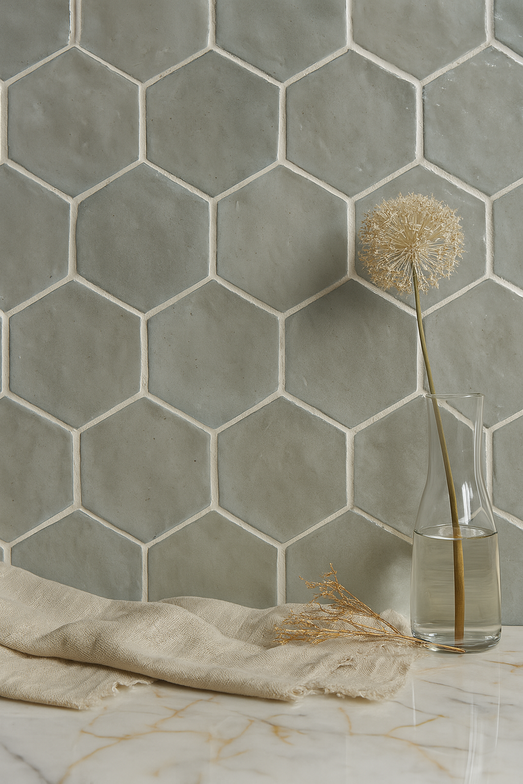 Handmade Moroccan zellige hexagon backsplash with natural surface variation and soft neutral tones