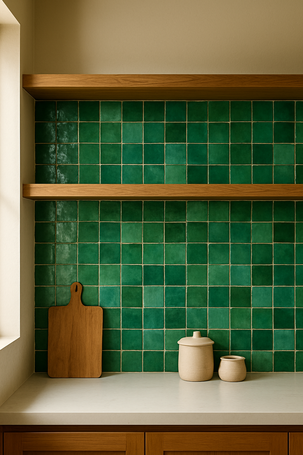 Green handmade Moroccan zellige kitchen backsplash with wooden shelves and warm kitchen styling