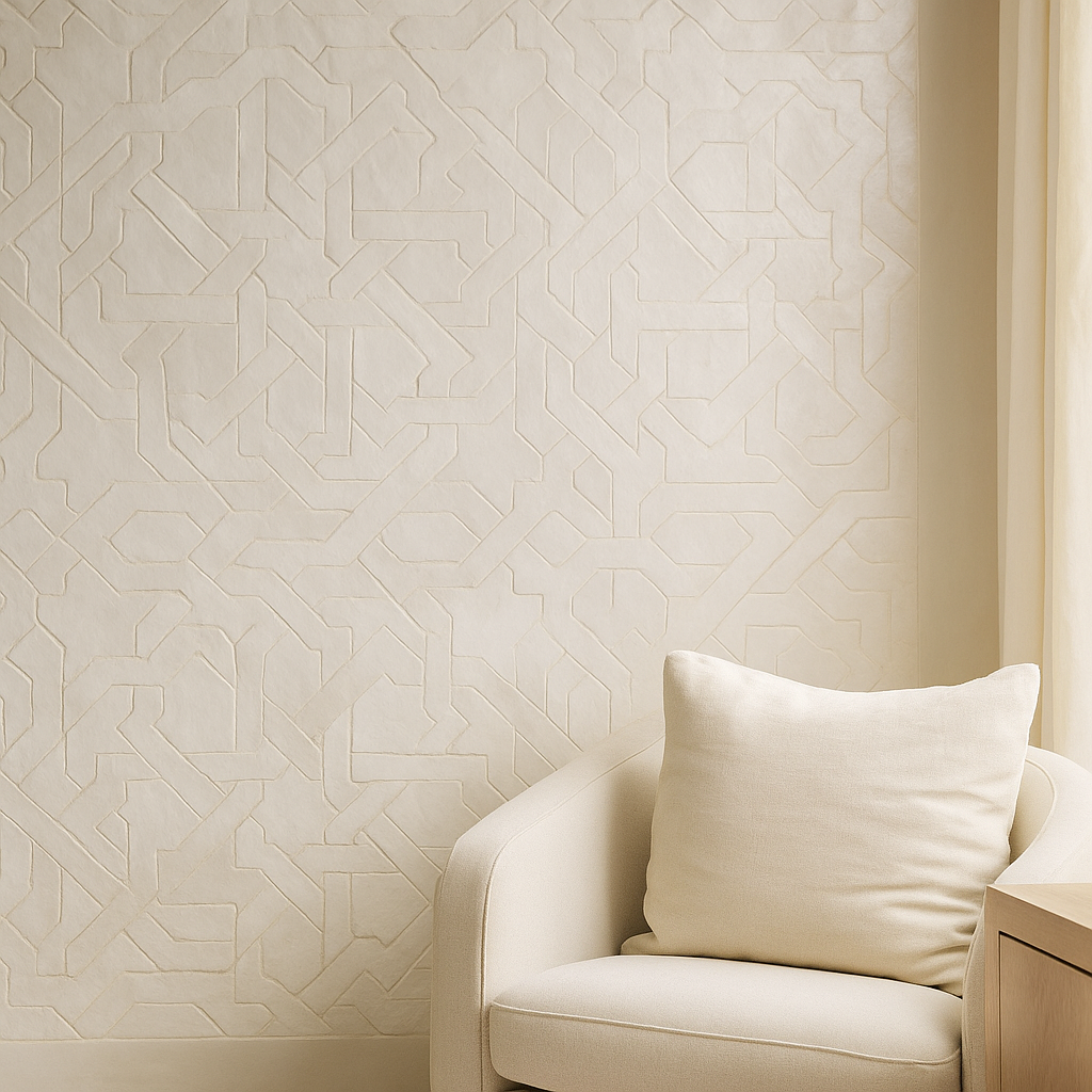Handmade Moroccan zellige feature wall in a luxury hospitality lounge interior