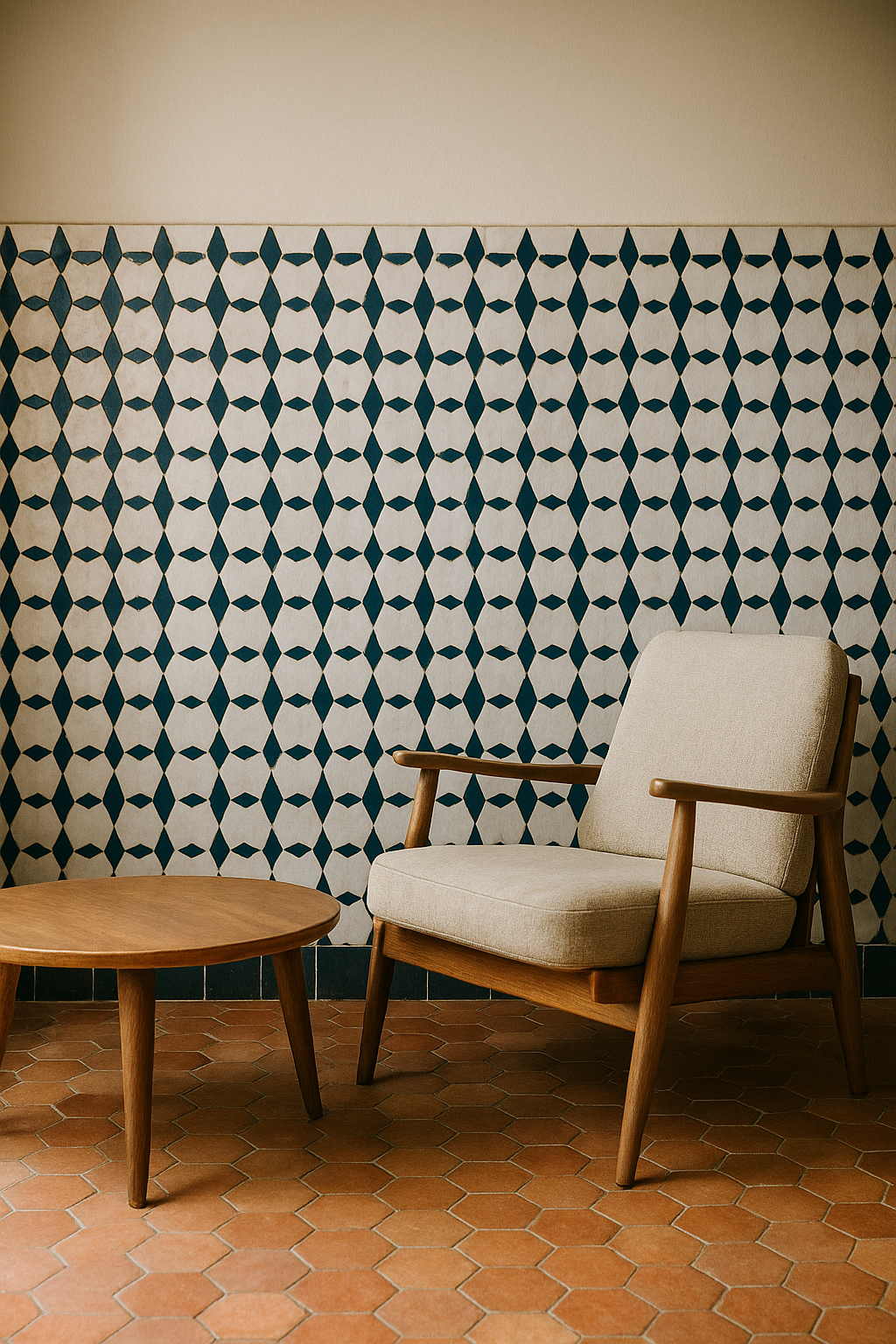 Handmade Moroccan zellige feature wall with natural glaze variation and artisanal surface texture